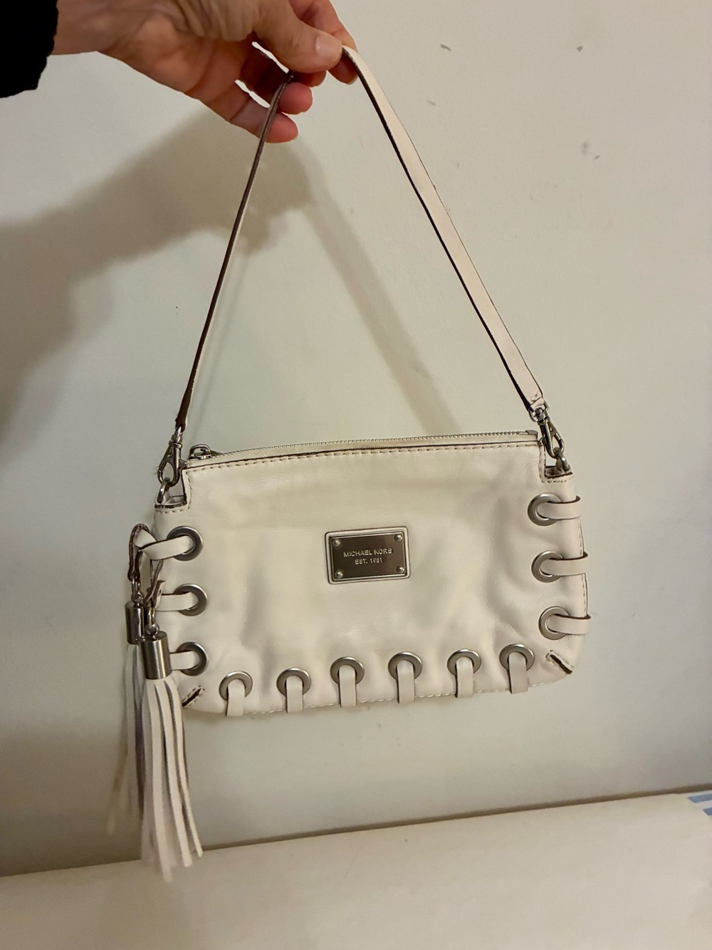 Michael Kors Astor Grommet Laced Tassel shoulder Bag  Off White